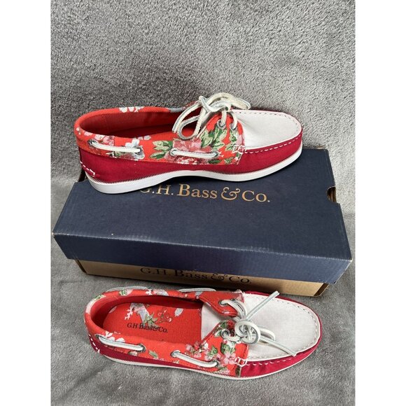 New GH Bass Co Women’s 6.5 Marina Red Leather Floral Canvas Boat Shoes Preppy - Picture 4 of 6